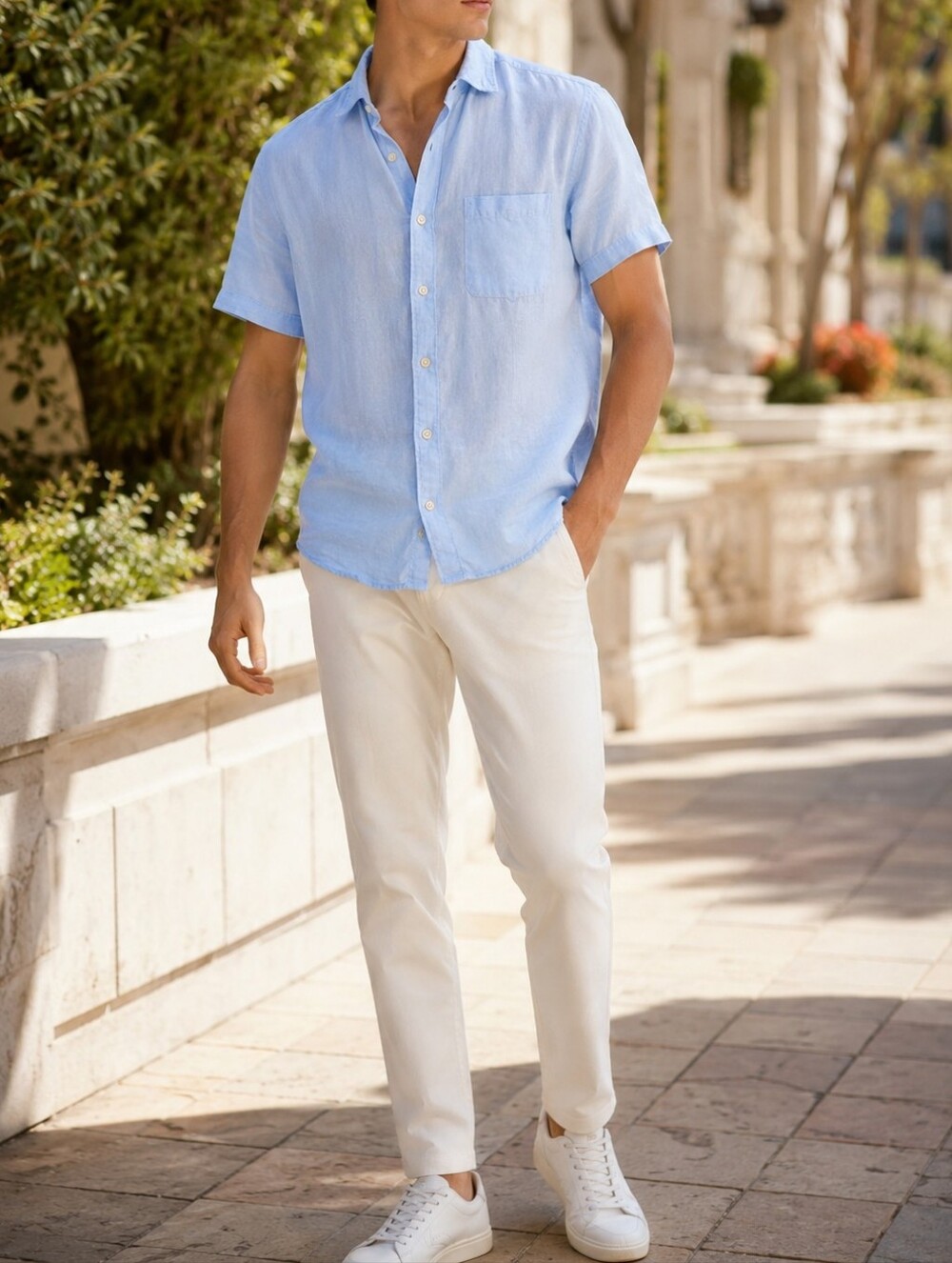 UNIQLO Men Light Blue Cotton Blend Short Sleeve Button Down Shirt Casual Coastal